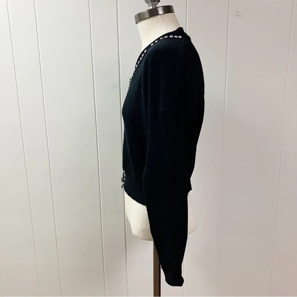 Vtg Y2k Holiday LIV MILANO Rhinestone Ribbed Faux Cardigan Sweater Small Black